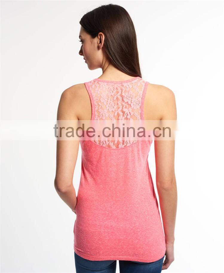 2017 Shandao New Sample Daily Wear Summer Casual Sleeveless Round Neck Slim Pocket With Lace Pink Cotton Women Tank Top