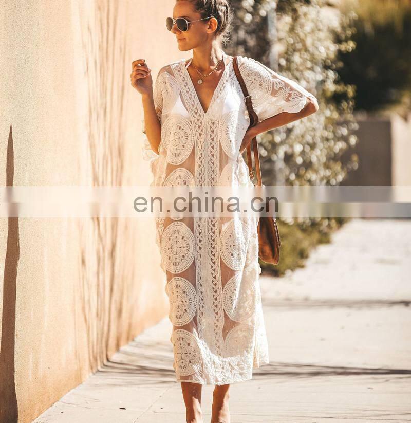 Luxury Long Sea Beach Wrap Dress Elegant Bathing Suit Cover Up White Lace Tunic Beach Sarong Plage Robe Kaftan Women Tunika
