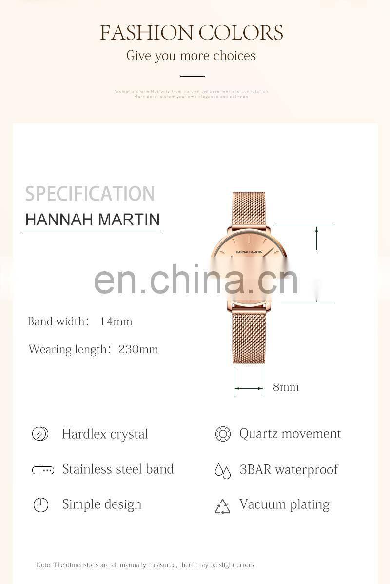 Hannah Martin 1335 Japanese Movement Luxury Ladies Watch Rose Gold Stainless Steel Mesh Belt Waterproof Quartz Wristwatches