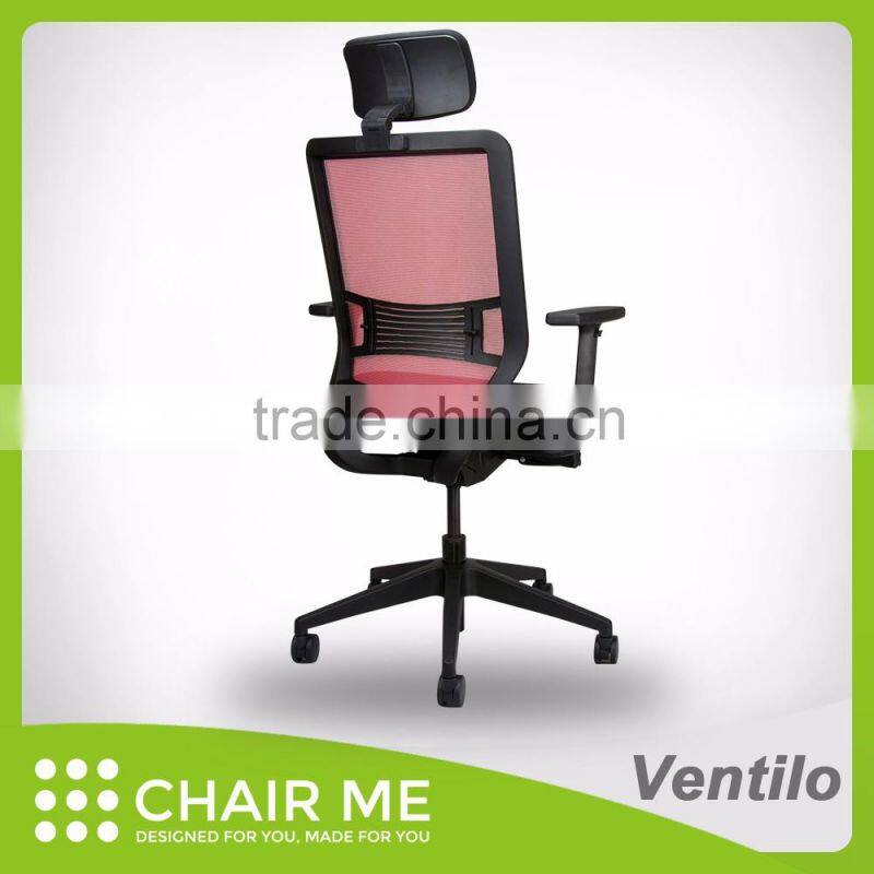 Ventilo office chair, red mesh chair, adjustable headrest, black bracket, adjustable seat, armrest, lumbar, nylon base