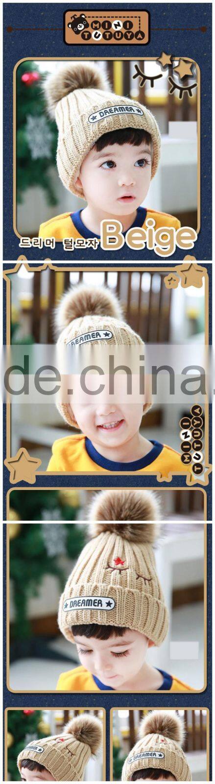 2015 Winter Latest DREAMER and Small Stars Embroidery Faux Fur Pom Pom Knitting Baby Kids Hat and Cap
