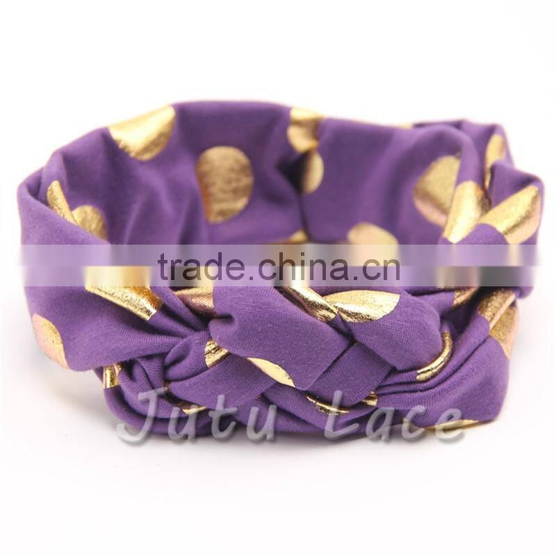 Cotton fabric golden polka-dots bow headbands - foil gold wide elastic knitted headwraps