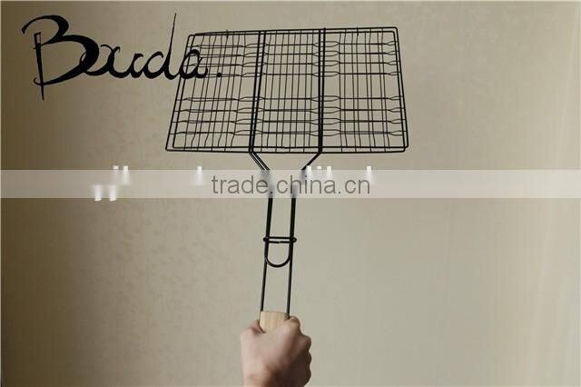 Stainless Steel Double Barebecue bbq Grill Net with wooden handle BD-B8100
