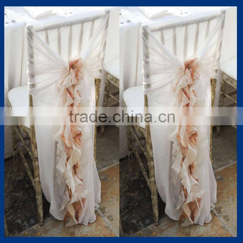 CH099C Wholesale for sale fancy curly willow white and blush pink chiffon ruffled wedding chair cover