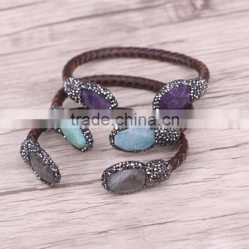 Natural Freshwater Pearl / Tiger Eye / Amethyst / Labradorite Stone Bangle Bracelet, Leather Cord DruzyJewelry Cuff Bangle