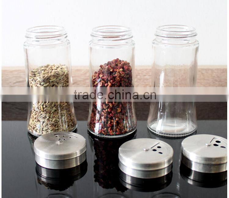 glass condiment salt holder with stainless steel caps