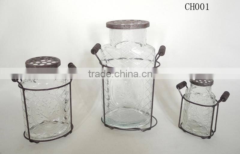 unique oval glass vases with hole lid and metal stand