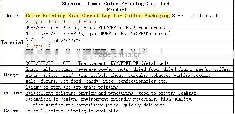Color Printing Side Gusset Bag for Coffee Packaging