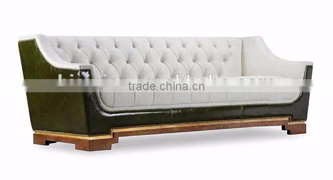 American concise design solid wood frame fabric seat genuine leather back living room sofa set