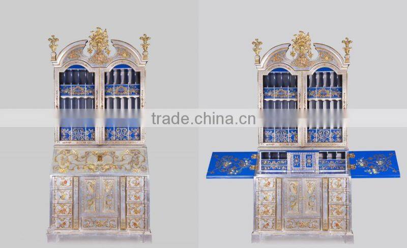 Gold Gilding Wooden Curio Cabinets With Flowers Paint Motif, Hand Painted Red Chinoiserie Secretary Cabinet with Drop Front Desk
