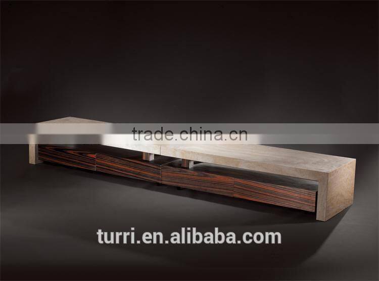 Luxury travertine marble&glass tv cabinet with wheel