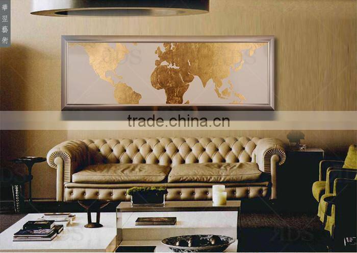 Framed Handmade world map with gold leaf painting modern wall art