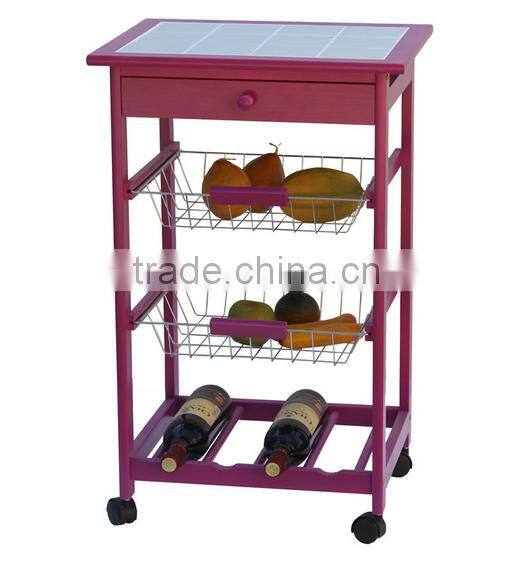 2016 good quality and competitive price wooden kitchen trolley with three metal wire brackets/ceramic tile on top with drawer
