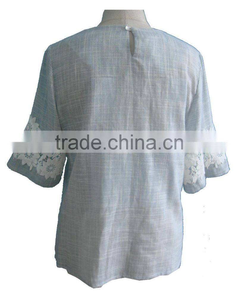 Korean Style Floral Lace Round Neck 3/4 Sleeve Linen Cotton Blouse