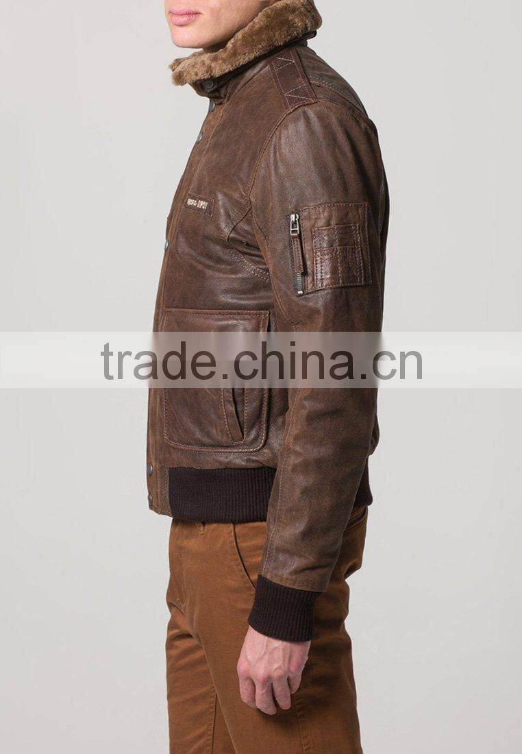 2014 new brown PU leater sherpa jacket for men
