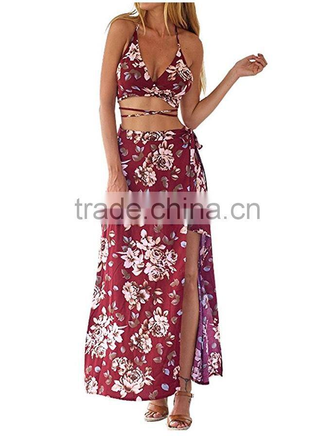 Women's Boho Bandage Crop Top Long Skirt Floral Print Maxi Dress