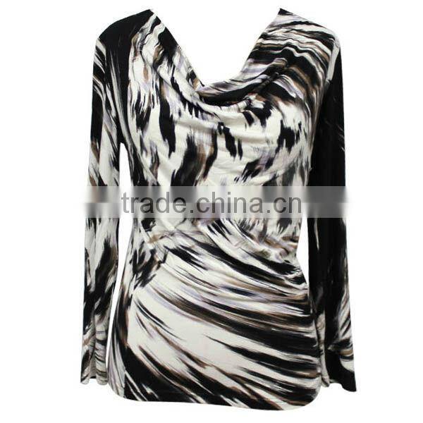 OEM factory cowl neck long sleeve stretchy cotton jersey ladies knitted white black leopard printed blouse
