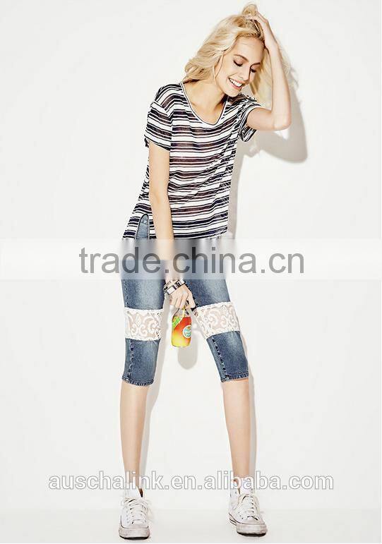 european style popular fashion denim capri lace jeans customized