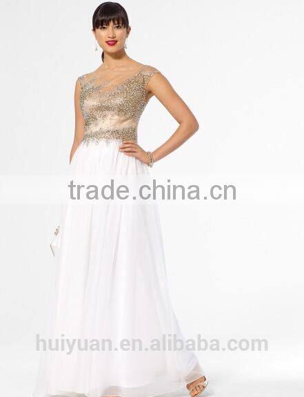 gold white combine beaded halter full length chiffon party wear