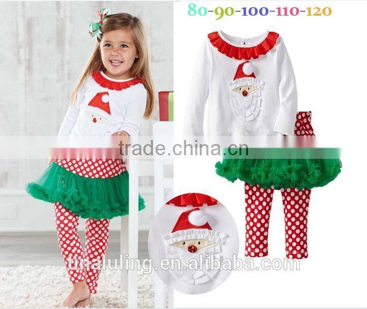 New 2015 Fashion Baby Girls Christmas Clothing Children Santa Claus t shirts+Polka dots legging skirts 2pcs outfits