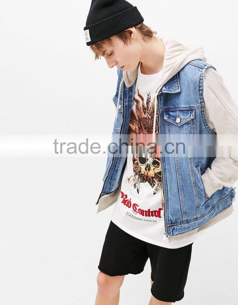 2017 wholesale plain denim jacket mens with contrast hooded sweatshirt