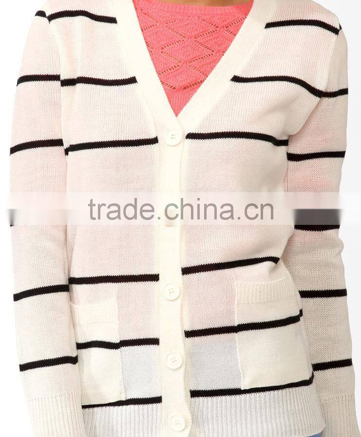 boyfriend style Y neck button up stripe cardigan 2015 woman with patch pockets