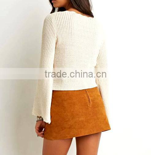 fashionable design acrylic long flare sleeve wide o neck women pullover sweaters