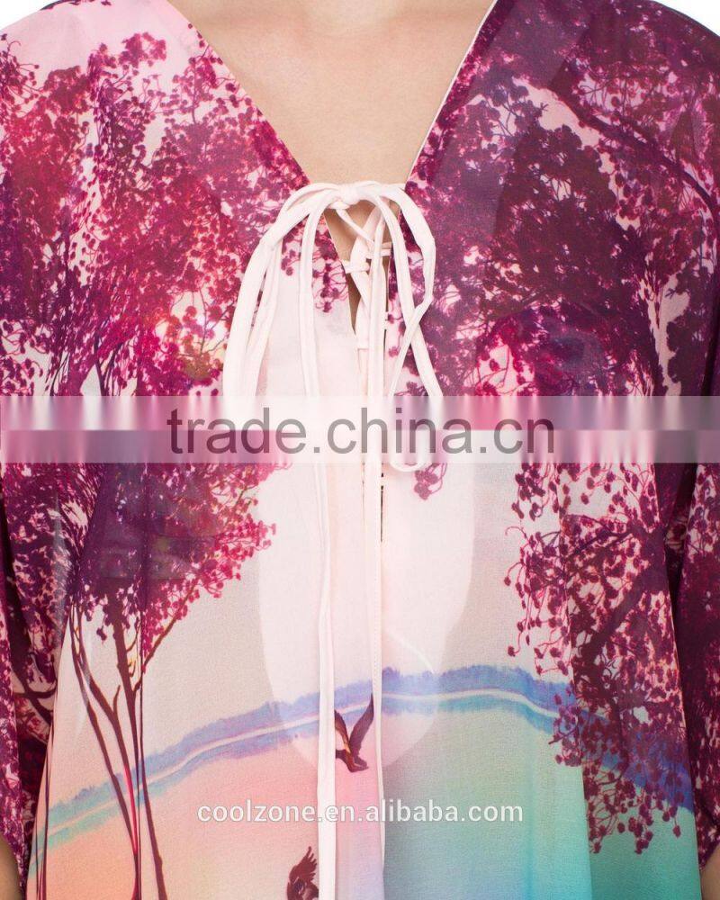 Relaxed fit lace v neck lakeside print kaftan women kaftan dress