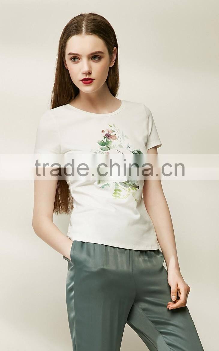 Girls 95% cotton 5%spandex skinny short sleeve flower printing white tee