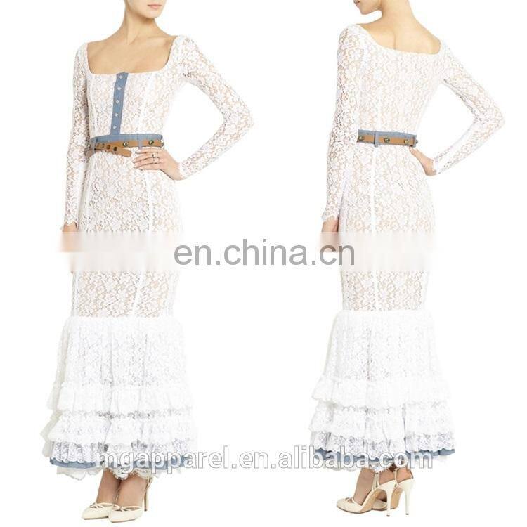 latest design formal evening gown chambray-trimmed long sleeve lace evening gown dresses