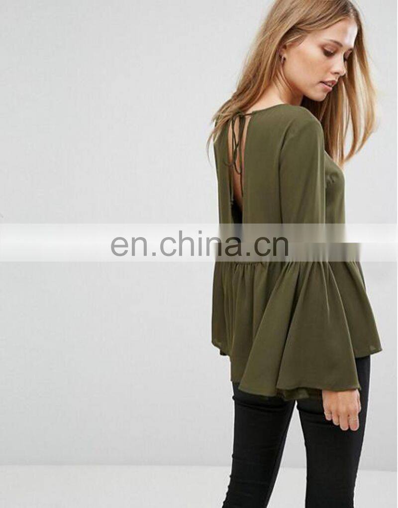 New design chiffon flared sleeves woman blouse tie V-back girl top