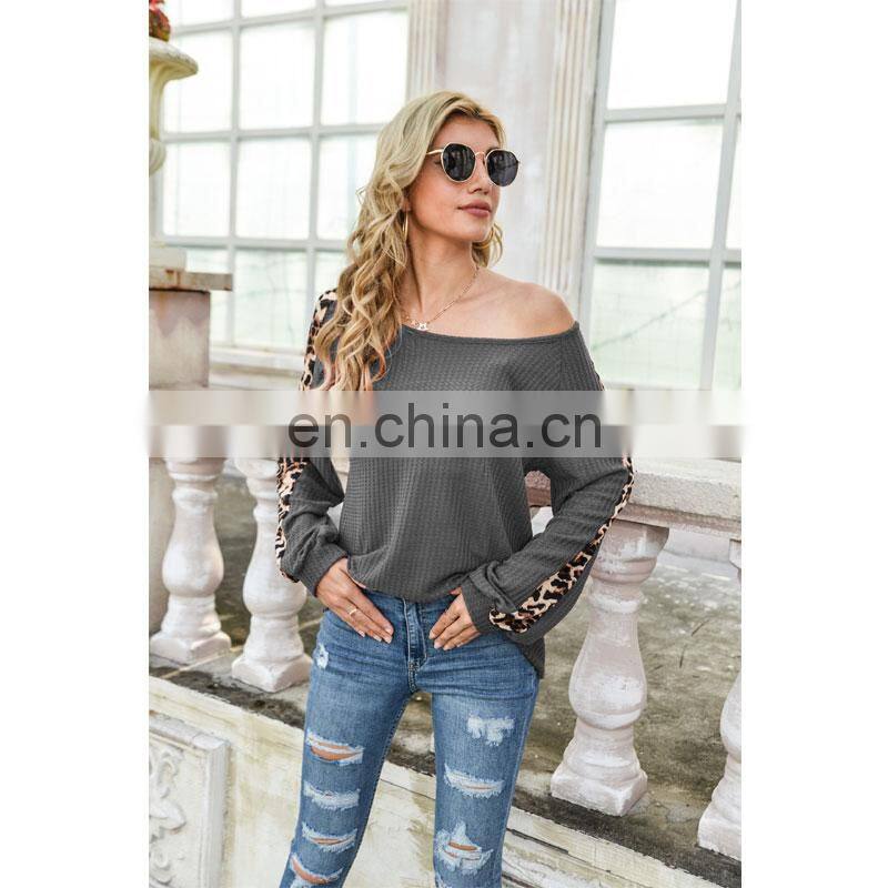 Custom logo spring and autumn women's Amazon autumn and winter new long-sleeved waffle leopard print stitching T-shirt