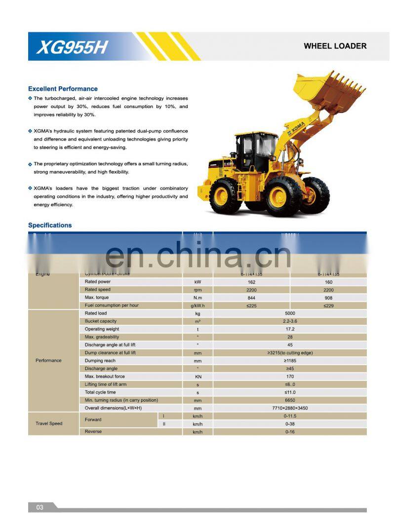 XGMA 5 ton wheel loader XG955H front end bucket loader price