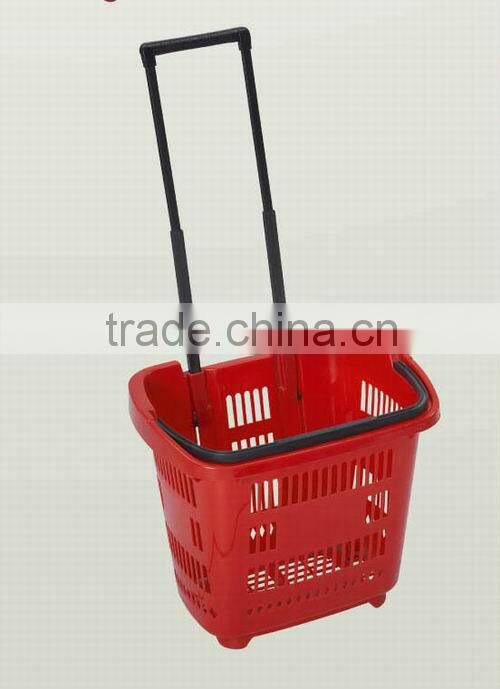 rolling plastic supermarket shopping basket with wheels