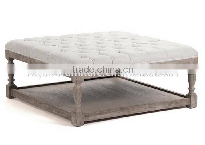 Cottage furniture Rustic wooden frame linen tufted Upholstered coffee table