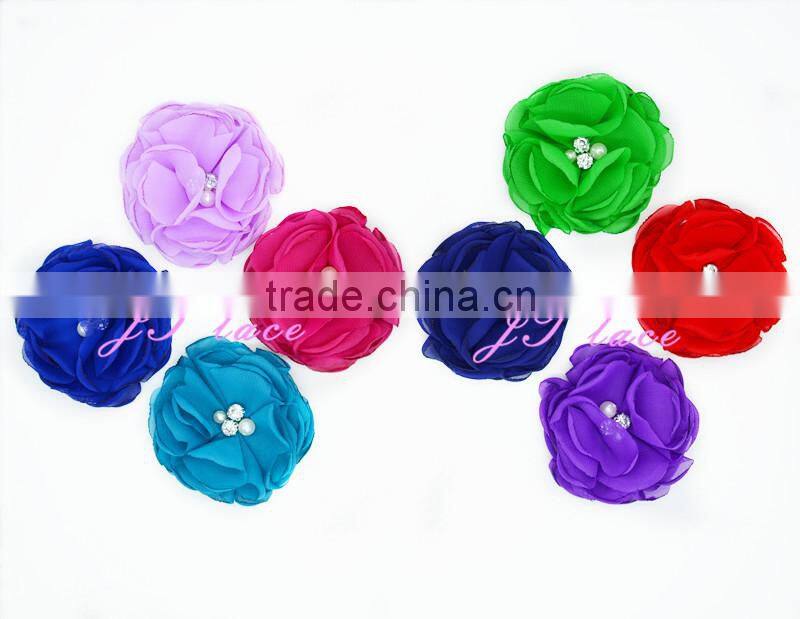 Lavender/hot pink/aqua/red fabric flower - shabby flower with 2 small pearl and 2 small rhinestone centre