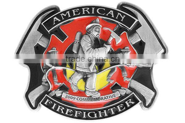 American Firefighter - American Hero Limited Addition Commemorative Twin Towers Pewter & Red Enamel Metal Fridge Magnet