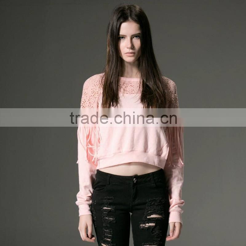 PT-045 Tassel Splicing Cut-Out O-neck Cotton Long Sleeves T-shirt