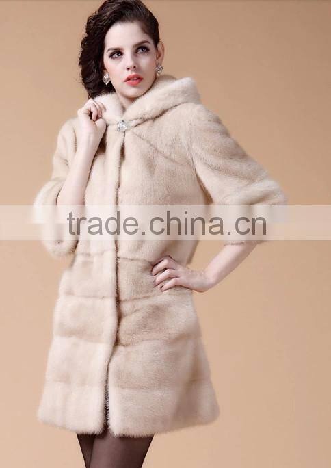 emk1450 beige mink fur coat with hood