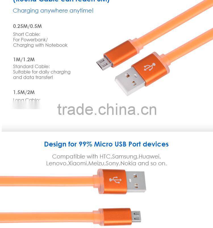 Colorful Soft TPE transparent Flat Micro USB cable for mobilephone/tablet PC