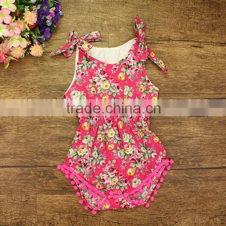 Wholesale kids jumpsuit baby girl pom pom rompers with rose flower baby romper clothes baby rose floral patterns