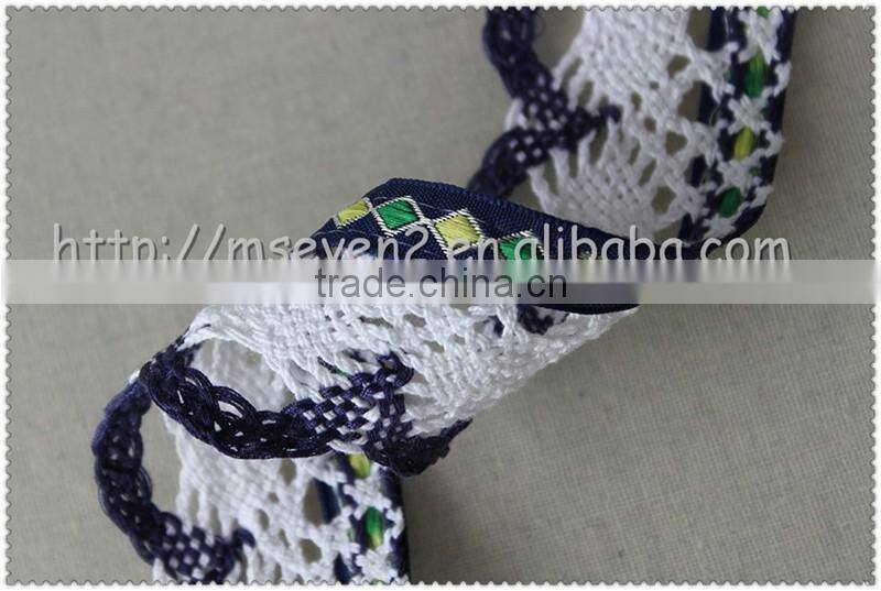 Hot Fashion Black / white colors scalloped shaped cotton trims, jacquard ribbon with cotton lace
