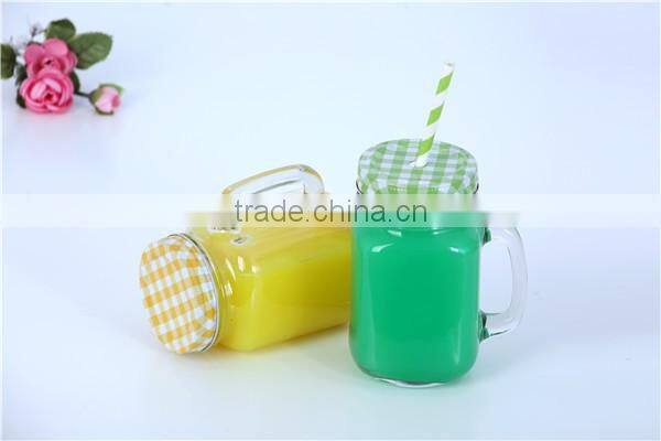 Cheap Plain Clear mason jar mug with handle and metal lid