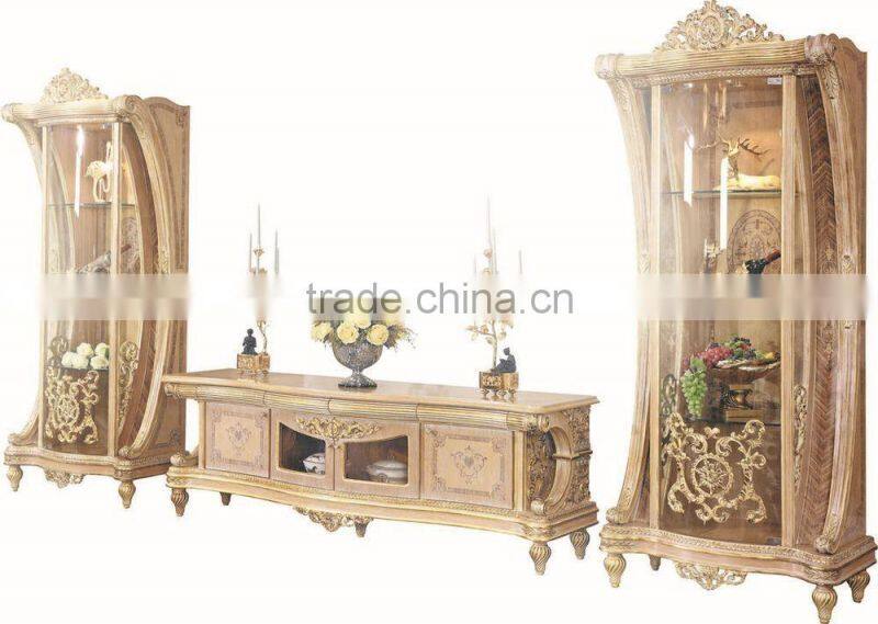 Luxury French Rococo Living Room Furnitur TV Cabinet Set/ Retro Vivid Hand Carved Solid Wood TV Cabinet & Display Cabinet