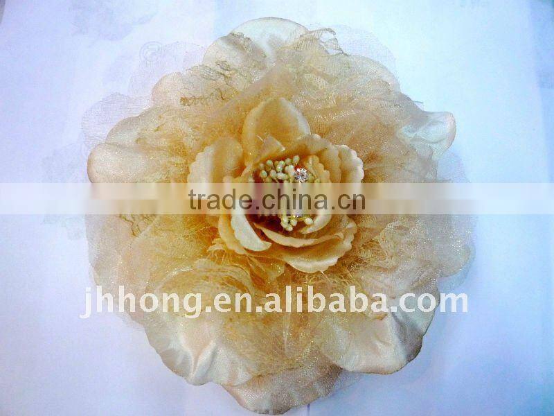 6.3" gauze camellia hair flower rhinestone centered fabric flower