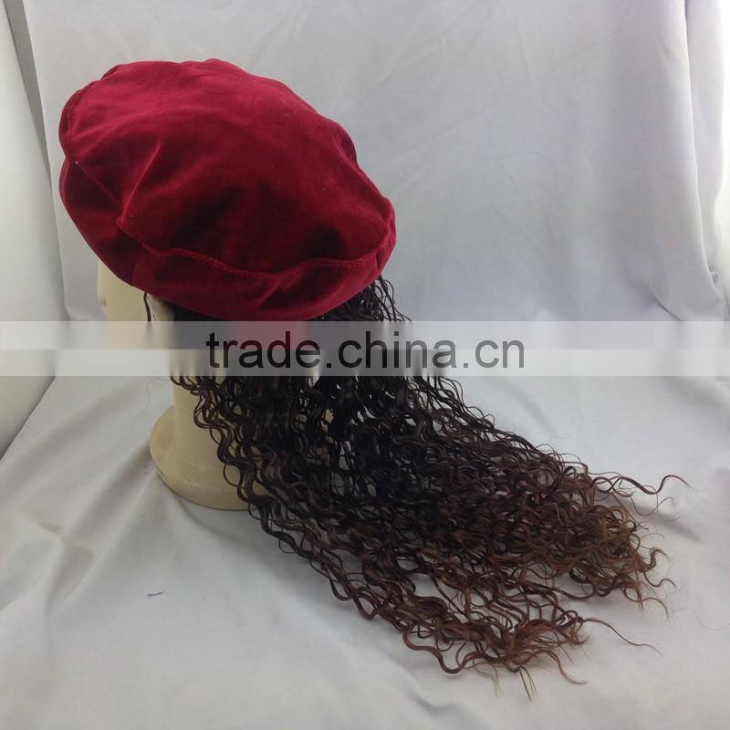 Children Red Beret With Wig Kid Girl Cap With Periwig