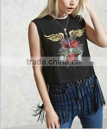 2017 Women fashion tank top ptinted front tassel details black cool tops for women
