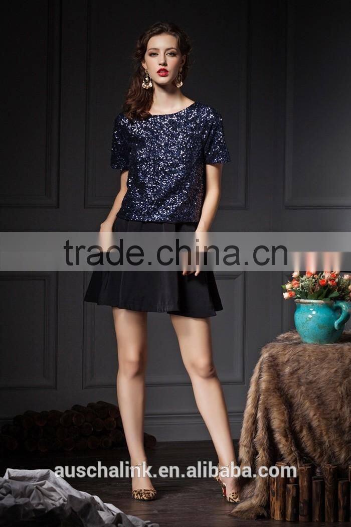 latest design summer hot sequin lady office t shirt low price