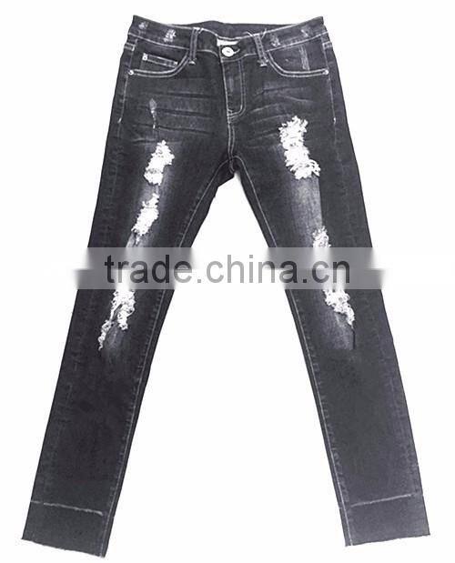 lady's black blue five pocket jeans ripped denim pants
