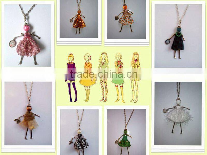 2015 hot fabric doll necklace girls doll jewelry handmade woman doll necklace jewelry